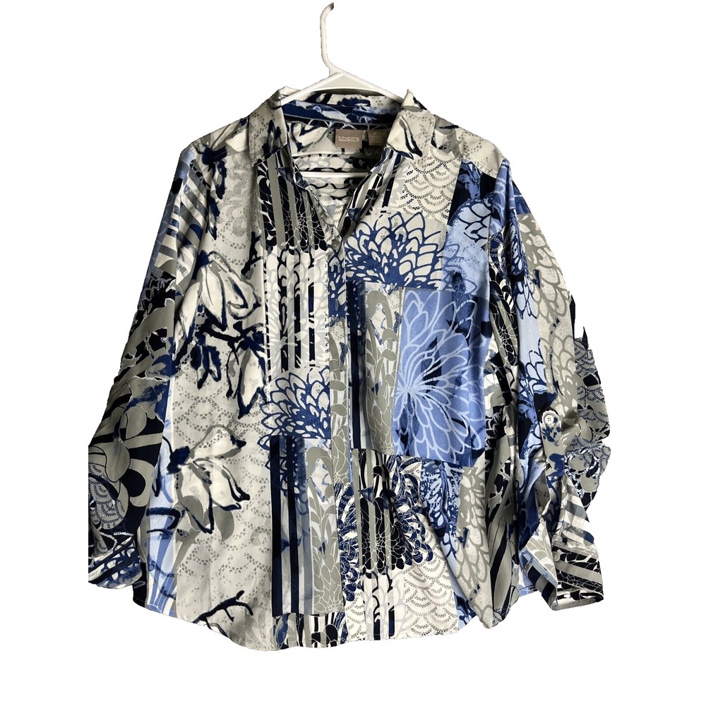 Chicos‎ Sophia Floral Stripe Button Down Shirt Sz 2 L Blue Gray Patchwork Travel
